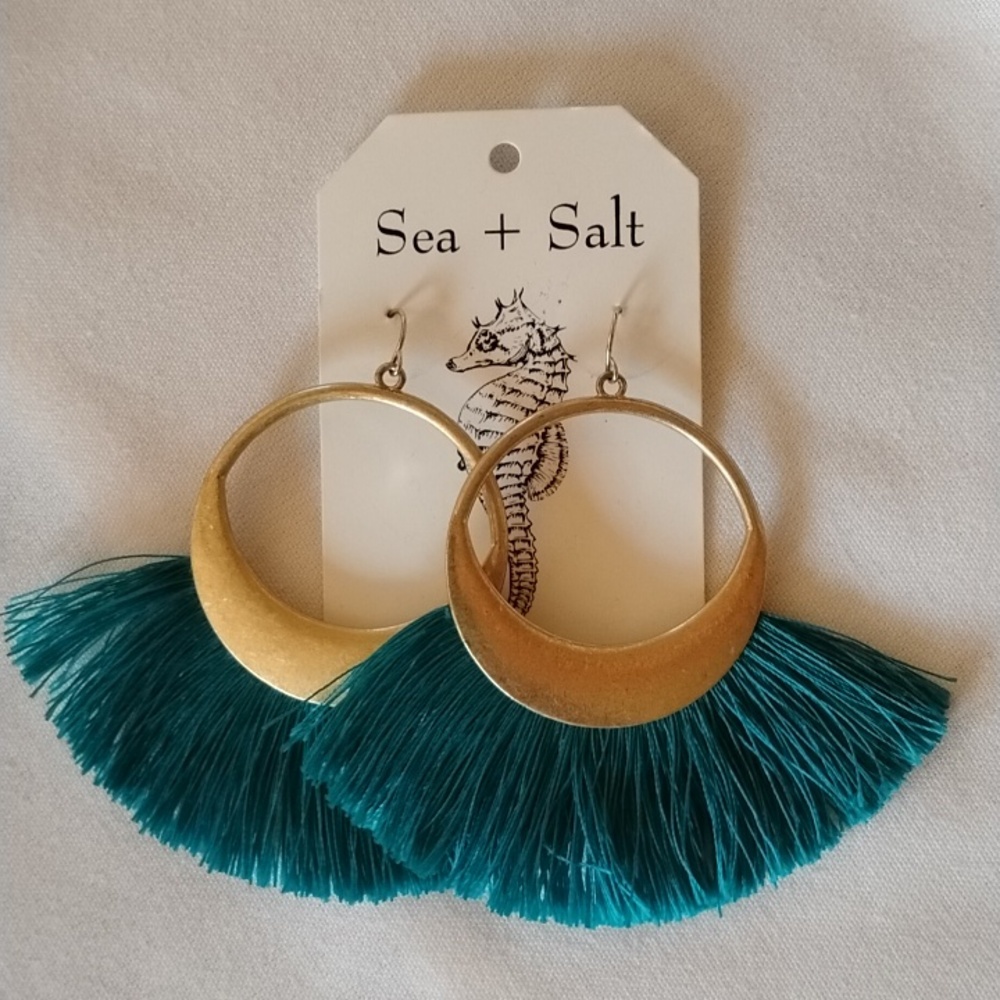 Statement Earrings Peacock Turquoise Blue Lash Fringe Circle Gold